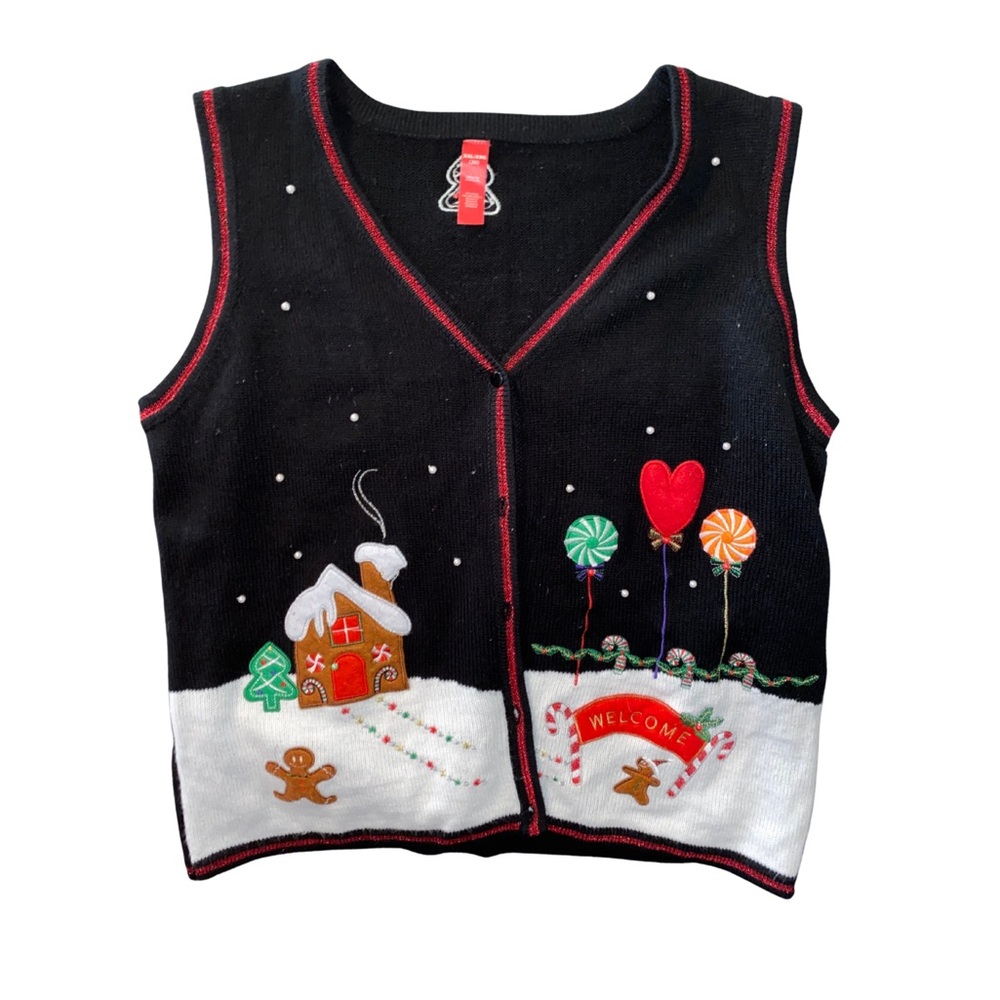 Holiday Christmas Sweater‎ Vest Gingerbread Candy Applique Festive